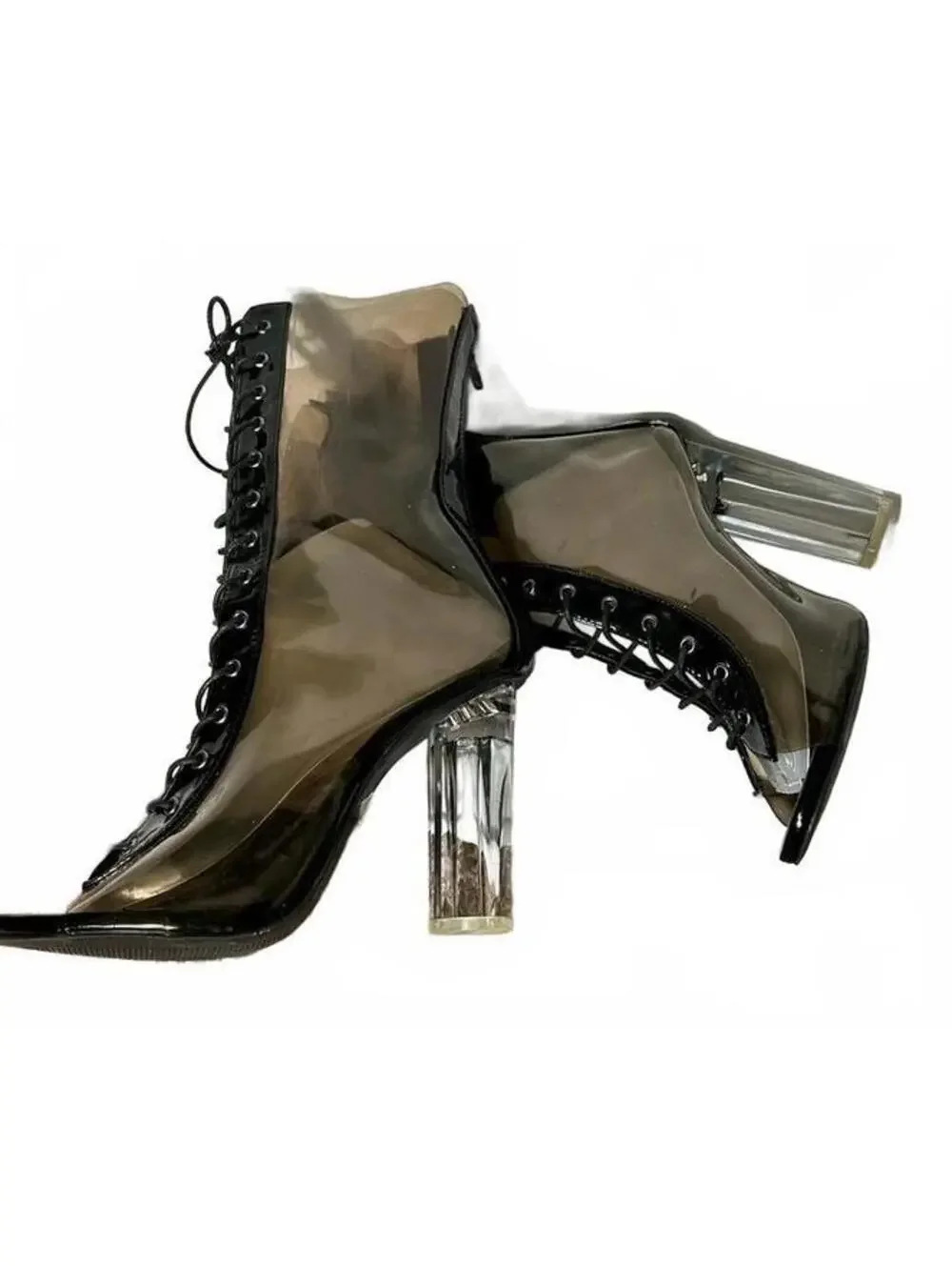 Fashion Nova Avant-garde Smoky Transparent Lace-Up Peep Toe Boot Block Heel 10